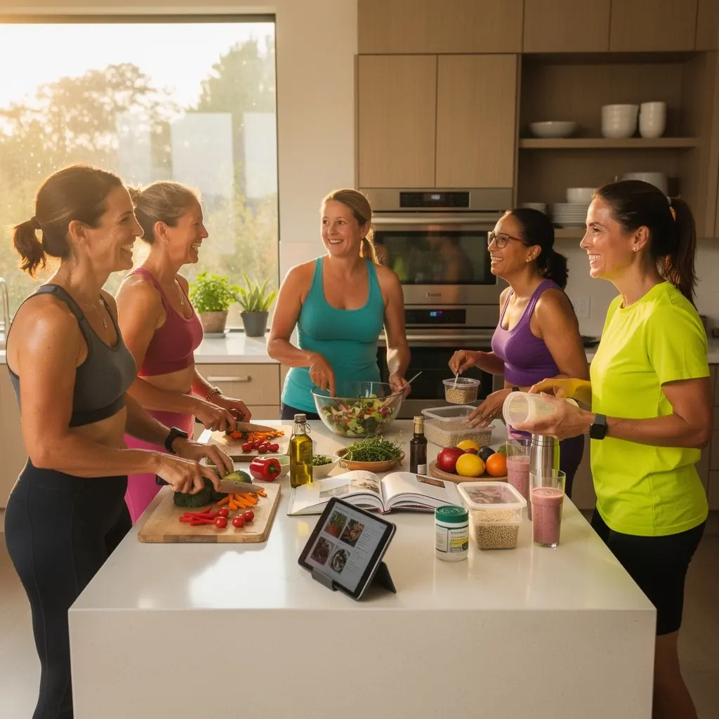 Női edző, aki útmutatást ad a résztvevőknek egy online edzés során.