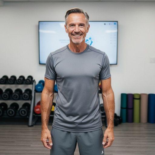 Felnőttek csoportja edz egy virtuális fitness órán, energikus légkörben.