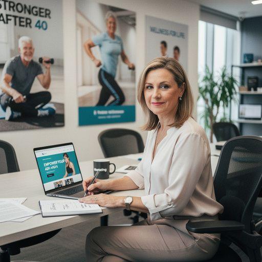 Fitness szakember irányít egy online edzést, motiváló üzeneteket osztva meg.